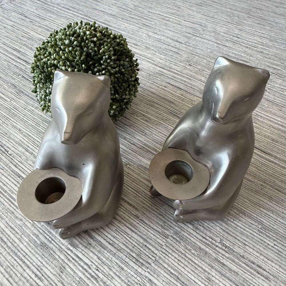 Vintage Restoration Hardware Metal Bear Taper Candle Holders - Set of 2